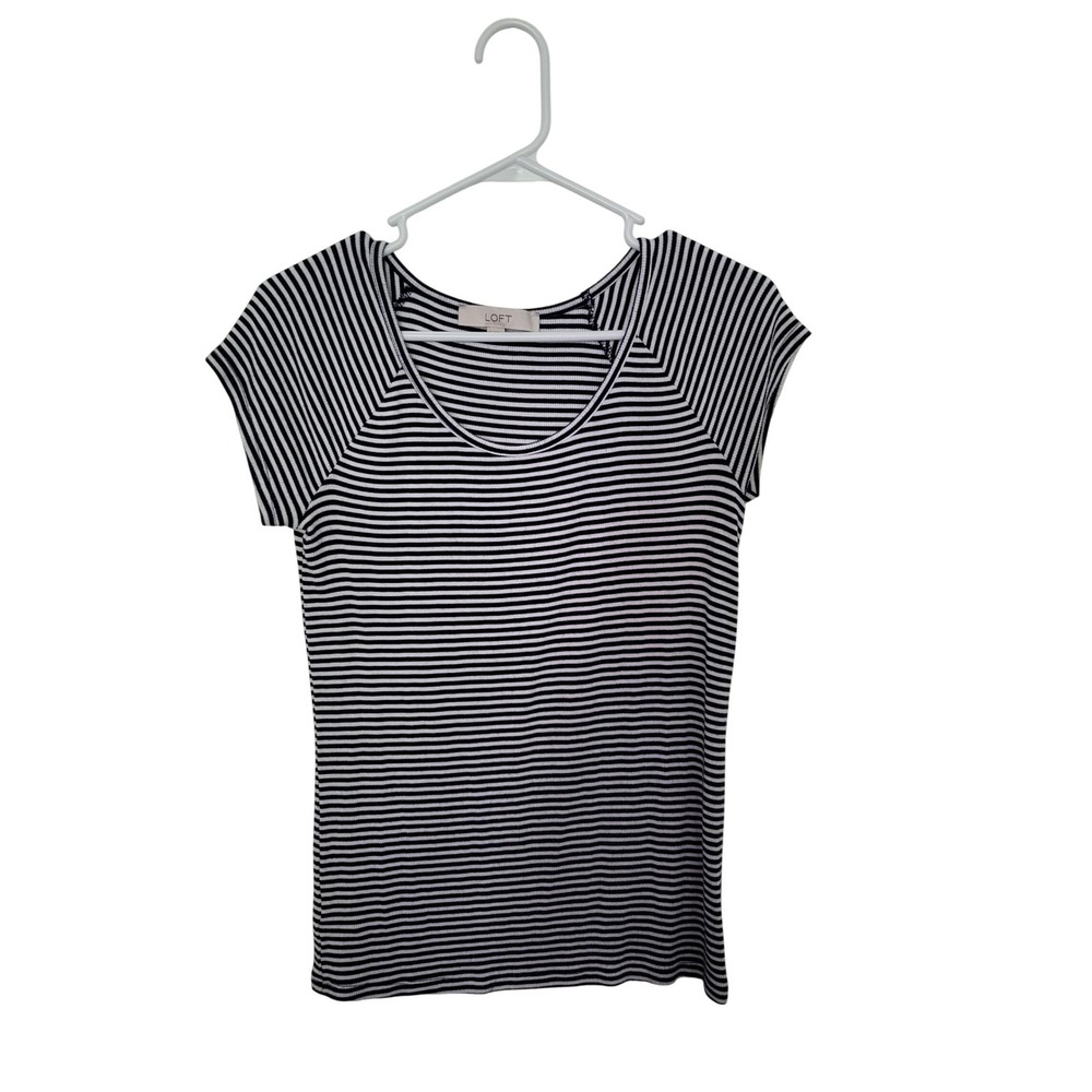 LOFT Striped Ribbed Tee Women S Black White Scoop Neck Raglan Short Sleeve Top